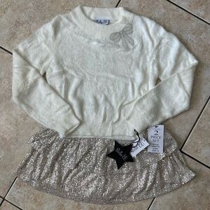 Stella 88 Girls 2-Piece Pearl Bow Sweater & Sequin Skirt Set In Ivory Size 12